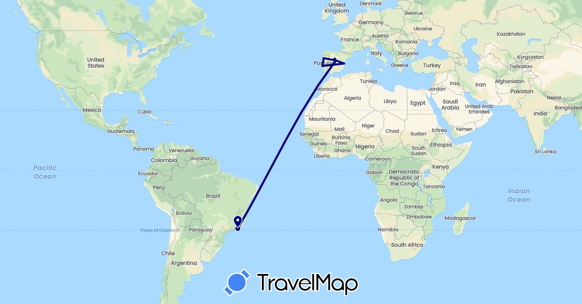 TravelMap itinerary: driving in Brazil, Spain, Portugal (Europe, South America)